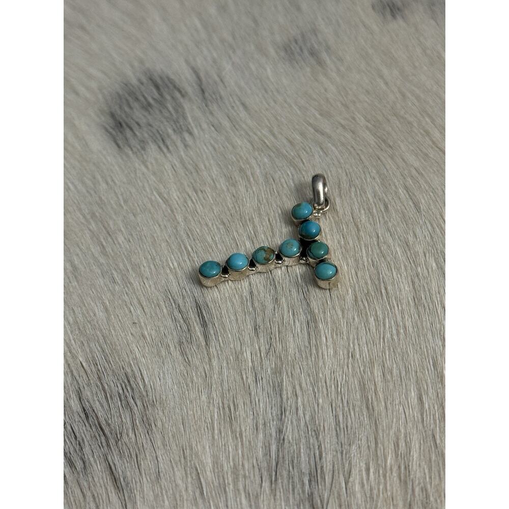 Native American Sterling Silver Round Turquoise Petit Point Initial Letter T - Picture 7 of 10